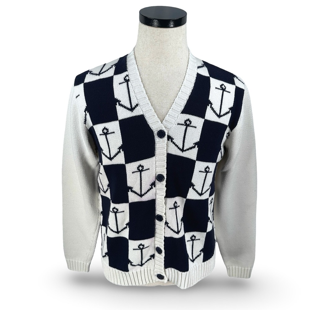 Vintage Pendleton Womens Medium Cardigan Sweater Navy White Anchor Checkerboard